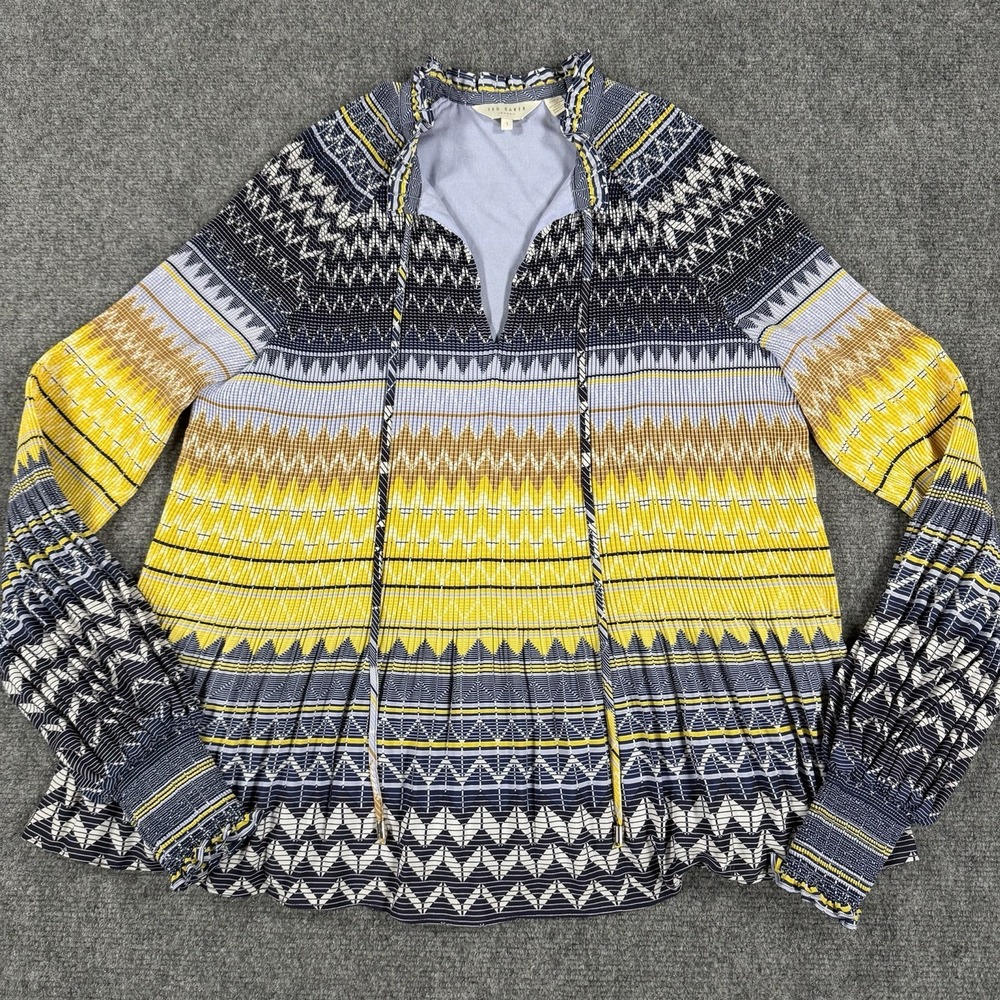 Ted Baker Deliie Accordion Pleat Geometric Tie V Neck Blouse Yellow 1 (M)
